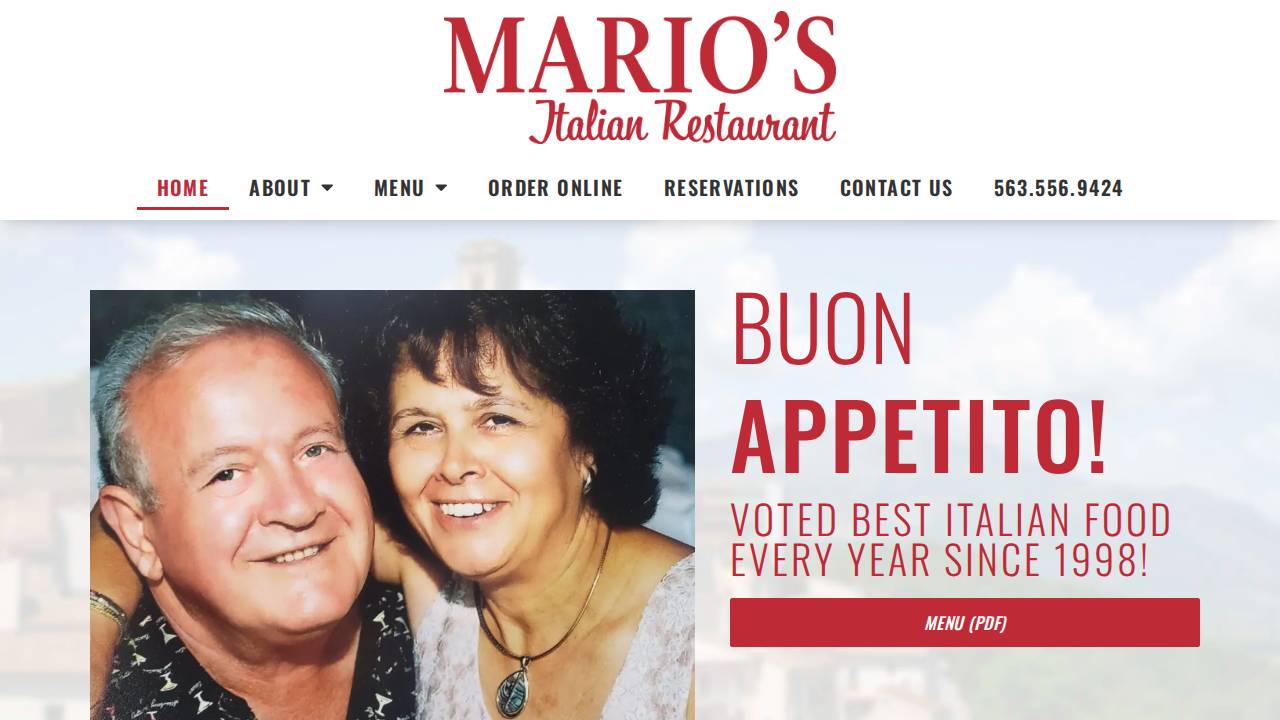 T & M Inc, T & M, Inc., Marios Italian Restaurant website screenshot
