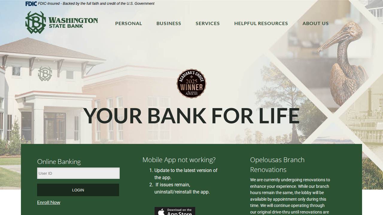 Washington State Bank website screenshot