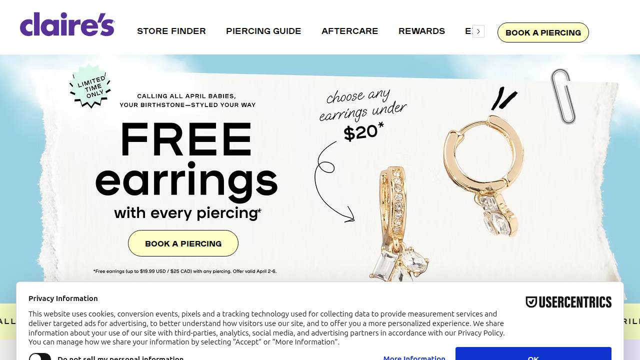 Claire's Boutiques Inc, Claries Boutiques 5419 website screenshot