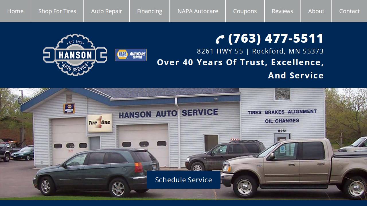 Hanson Auto Inc, Hanson Auto Body website screenshot