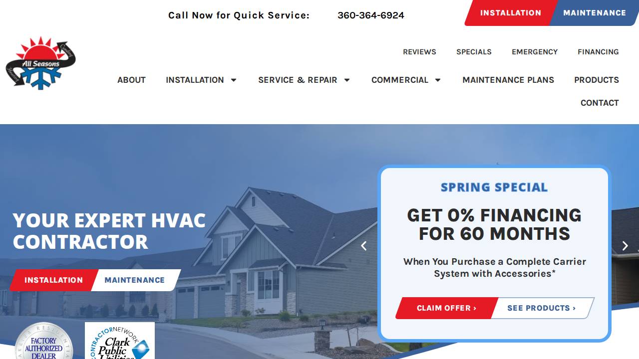 ALL Seasons Heating & Cooling website screenshot