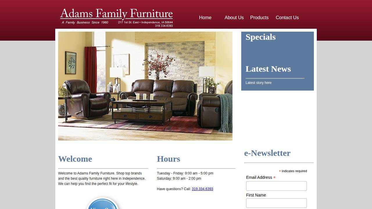 Adams Family Furniture website screenshot