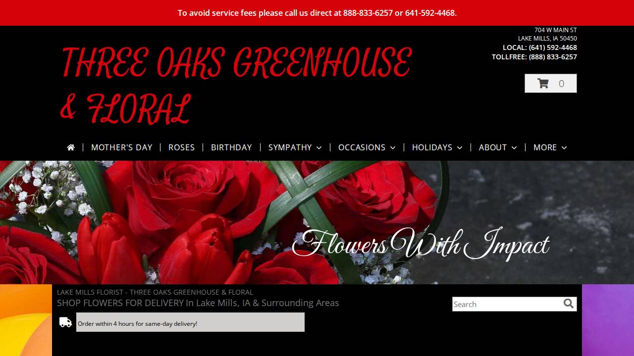 Three Oaks Greenhouse & Floral website screenshot