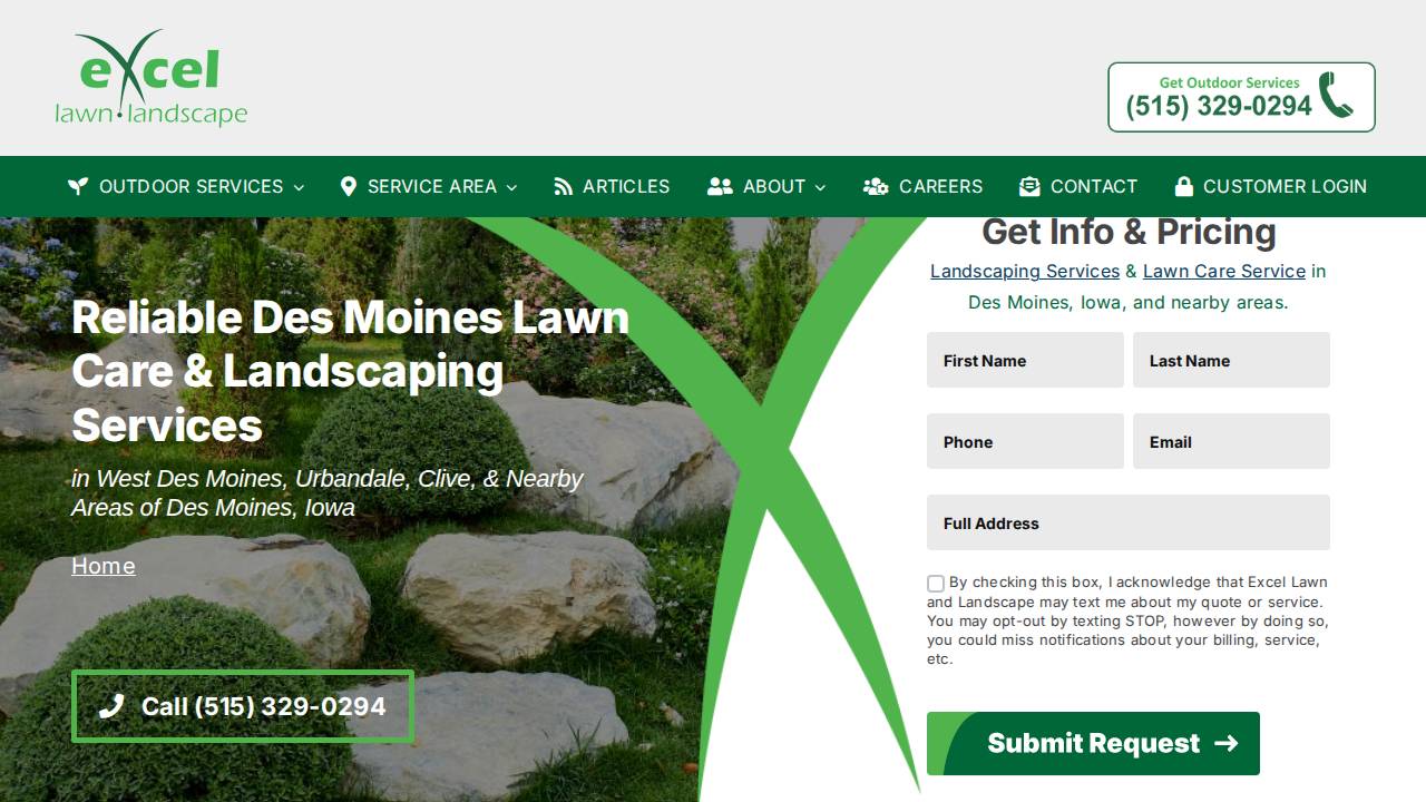 Excel Lawns & Landscape website screenshot
