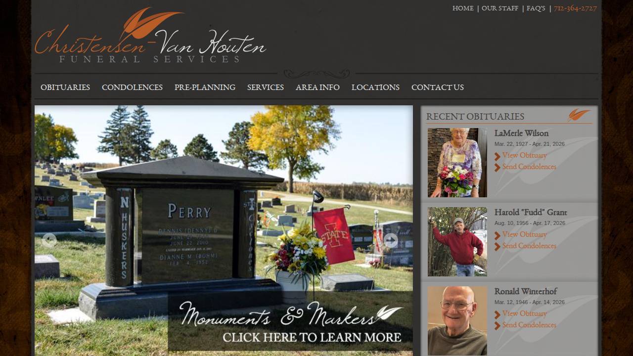 Christensen - VAN Houten Funeral Homes, Inc. website screenshot