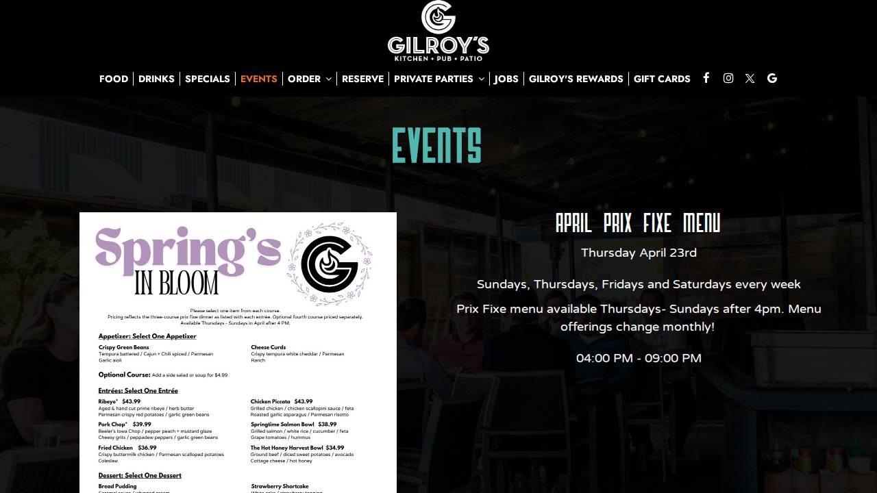 Gilroy's Kitchen + Pub + Patio website screenshot