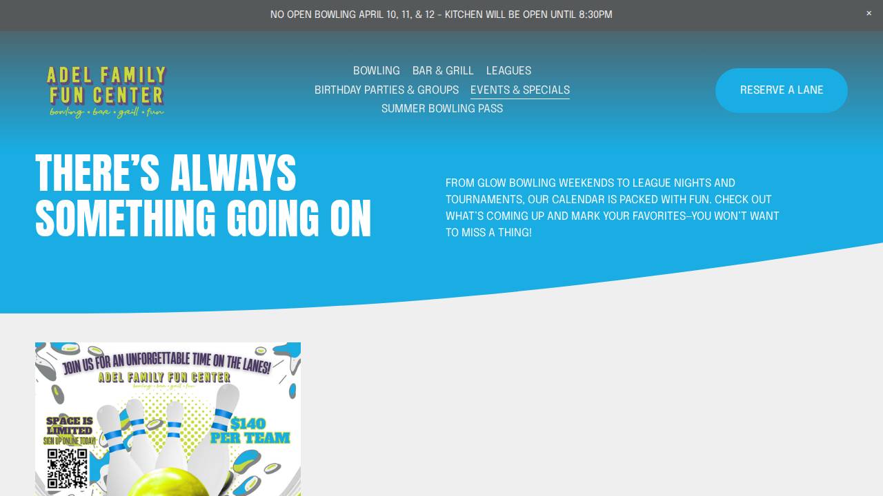 Adel Family Fun Center website screenshot