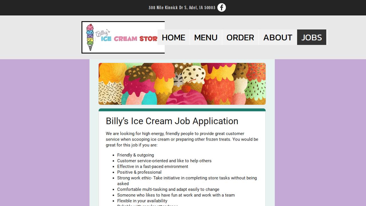 Billy's Ice Cream Store website screenshot