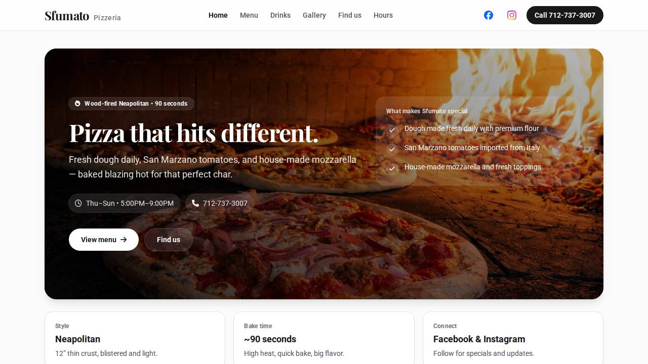 Sfumato Pizza website screenshot