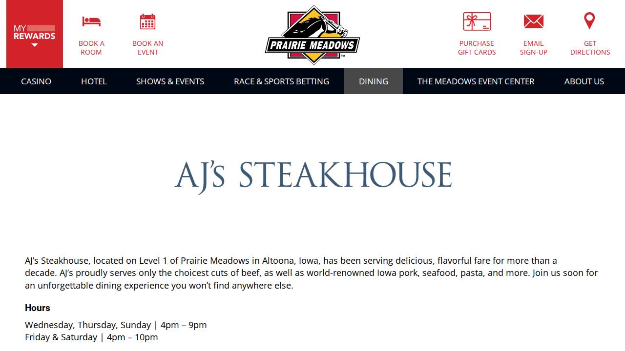 AJ's Steakhouse website screenshot