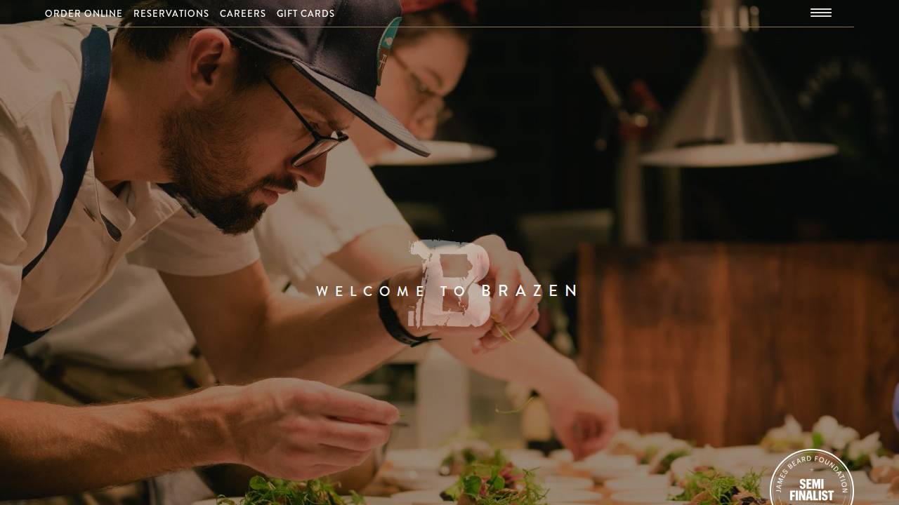 Brazen Open Kitchen | Bar website screenshot