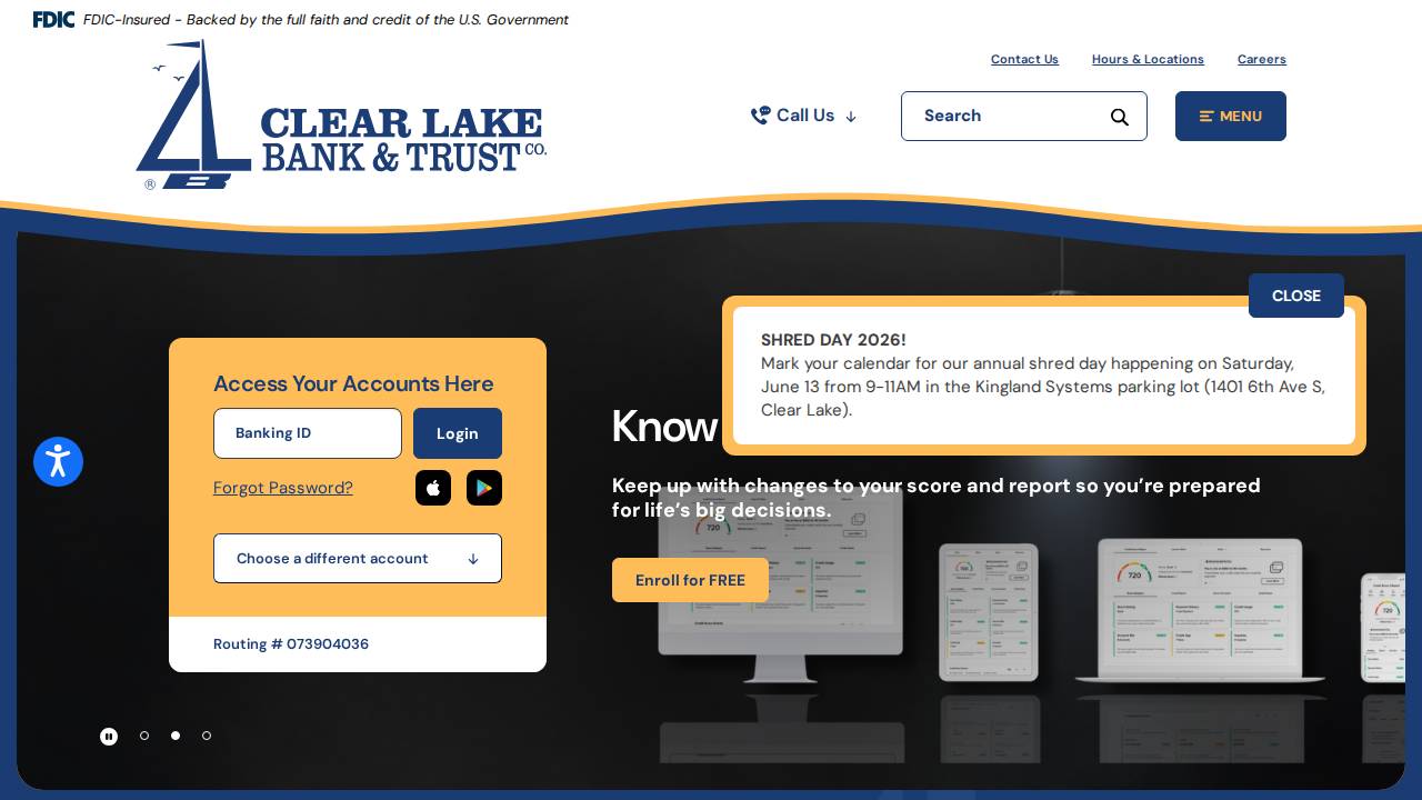 Clear Lake Bank & Trust Co. website screenshot