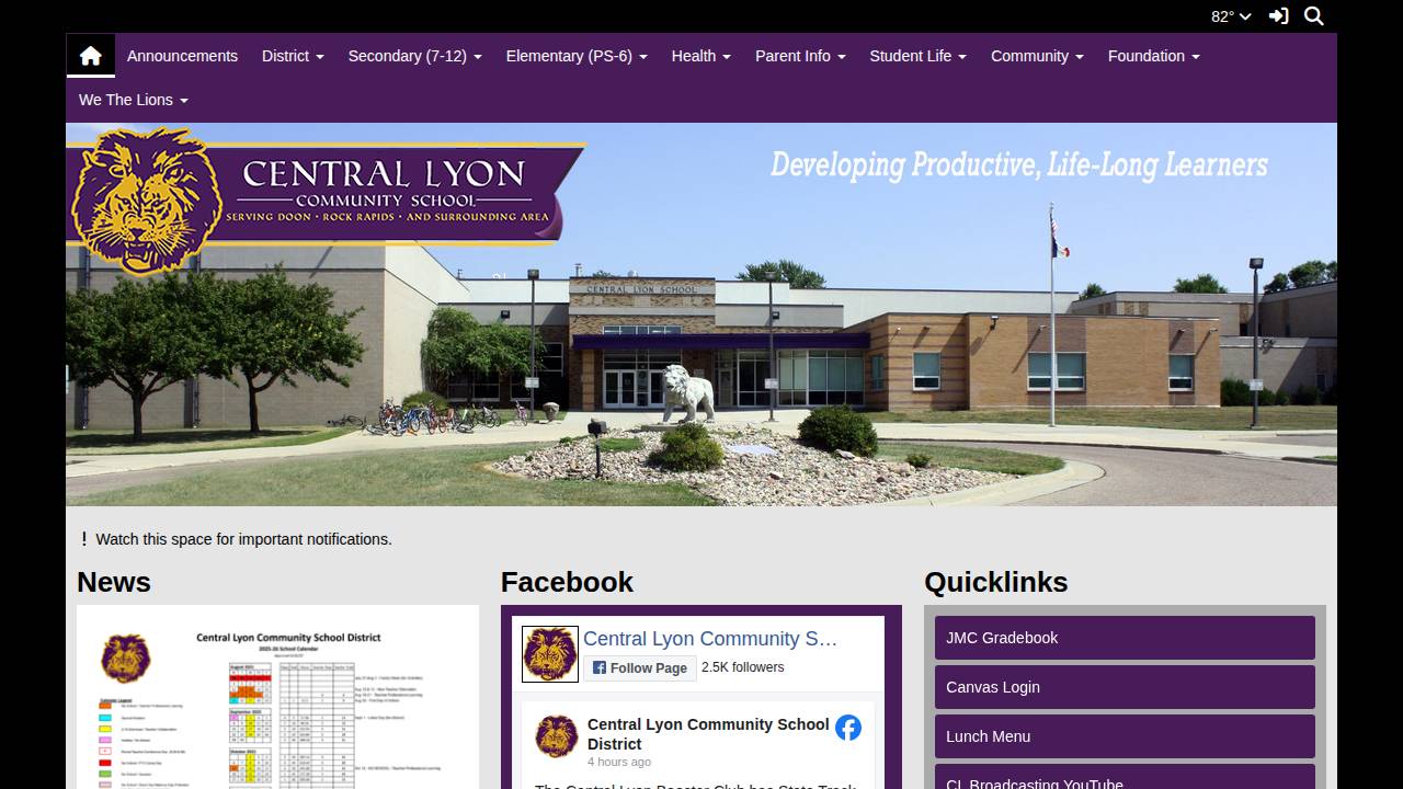 Central Lyon Comm School District website screenshot