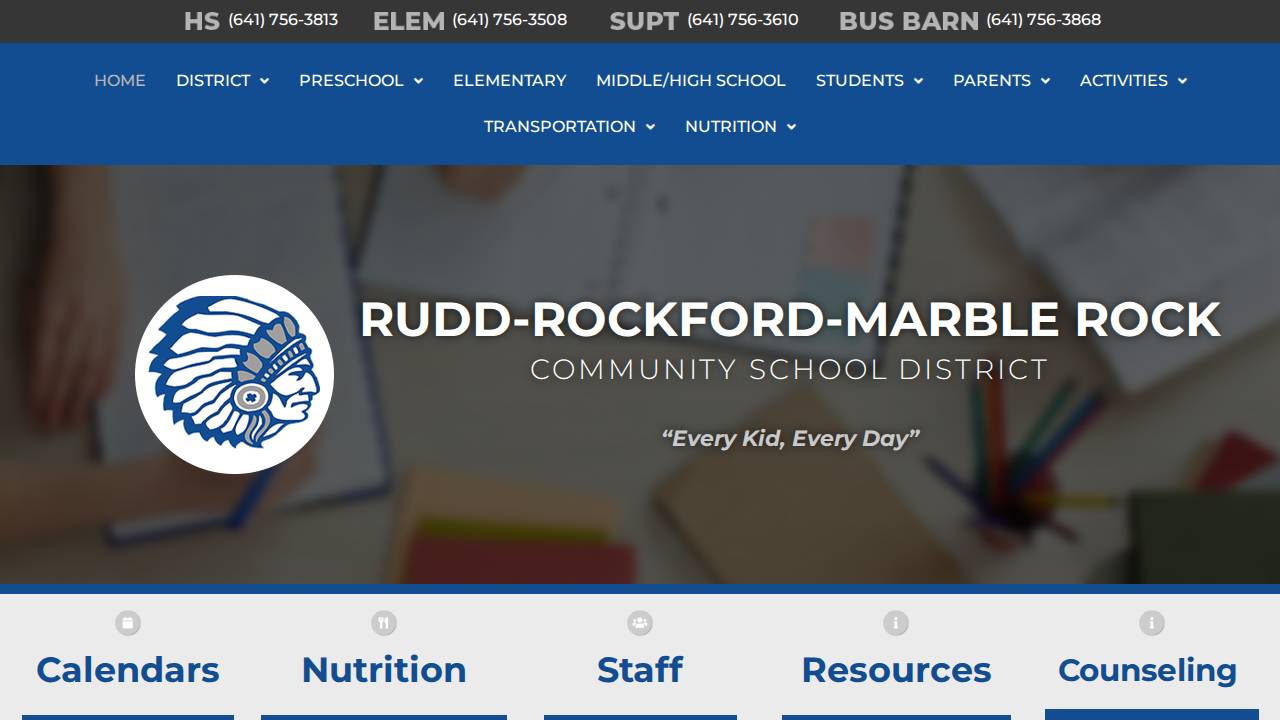 Rudd-Rockford-Marble Rk Comm School District website screenshot