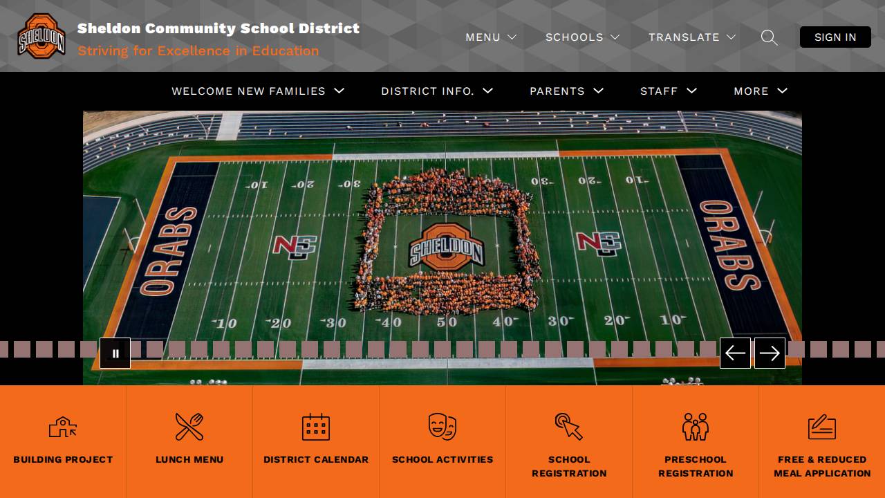 Sheldon Comm School District website screenshot