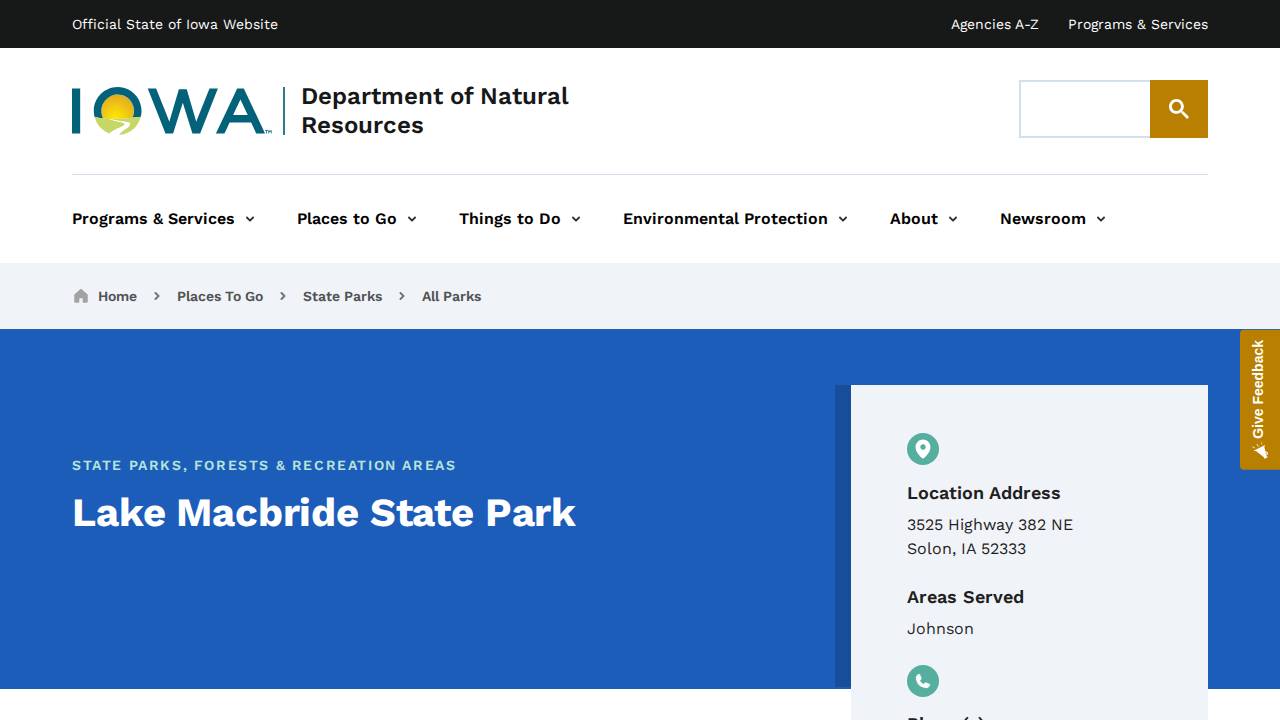 Lake Macbride State Park website screenshot