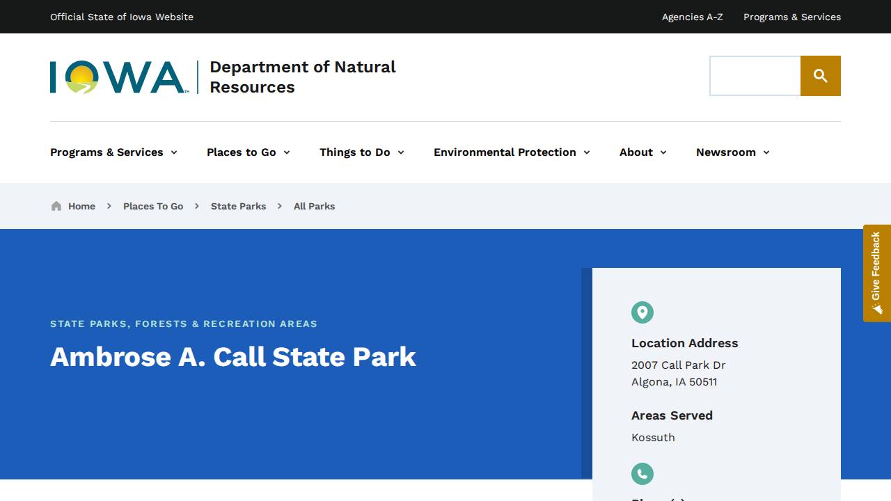 Ambrose A. Call State Park website screenshot
