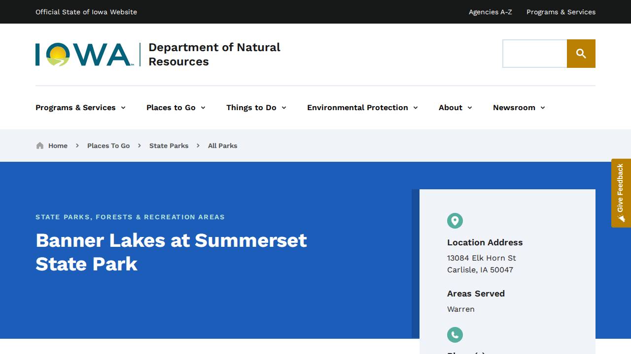 Banner Lakes At Summerset State Park website screenshot