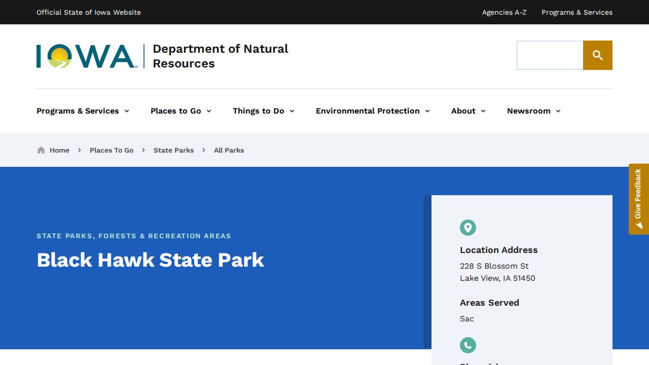 Black Hawk State Park website screenshot