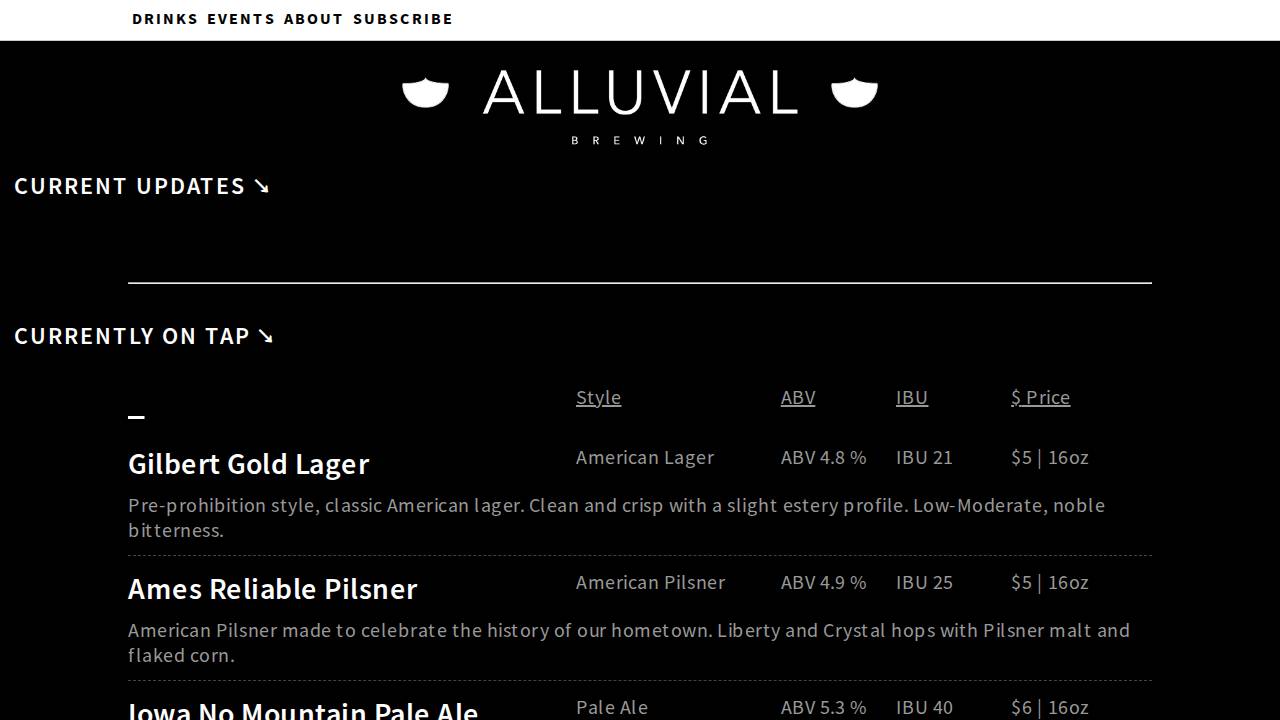 Alluvial Brewing Company website screenshot