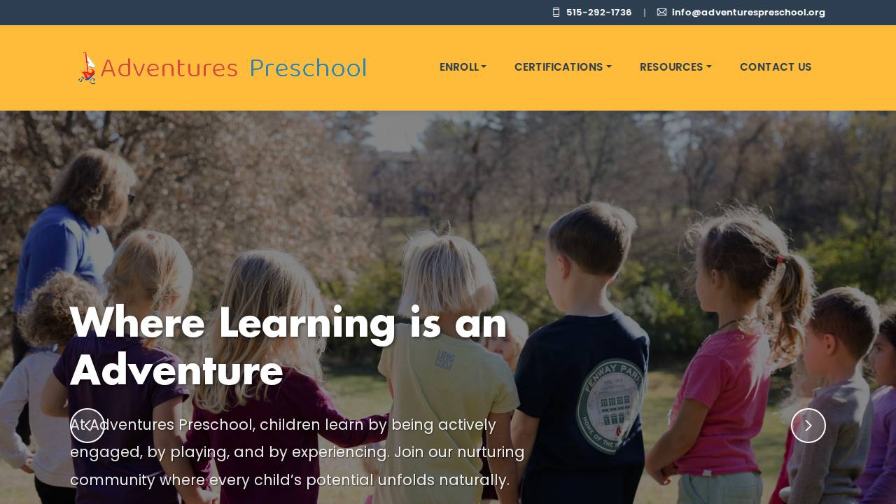 Adventures Preschool website screenshot