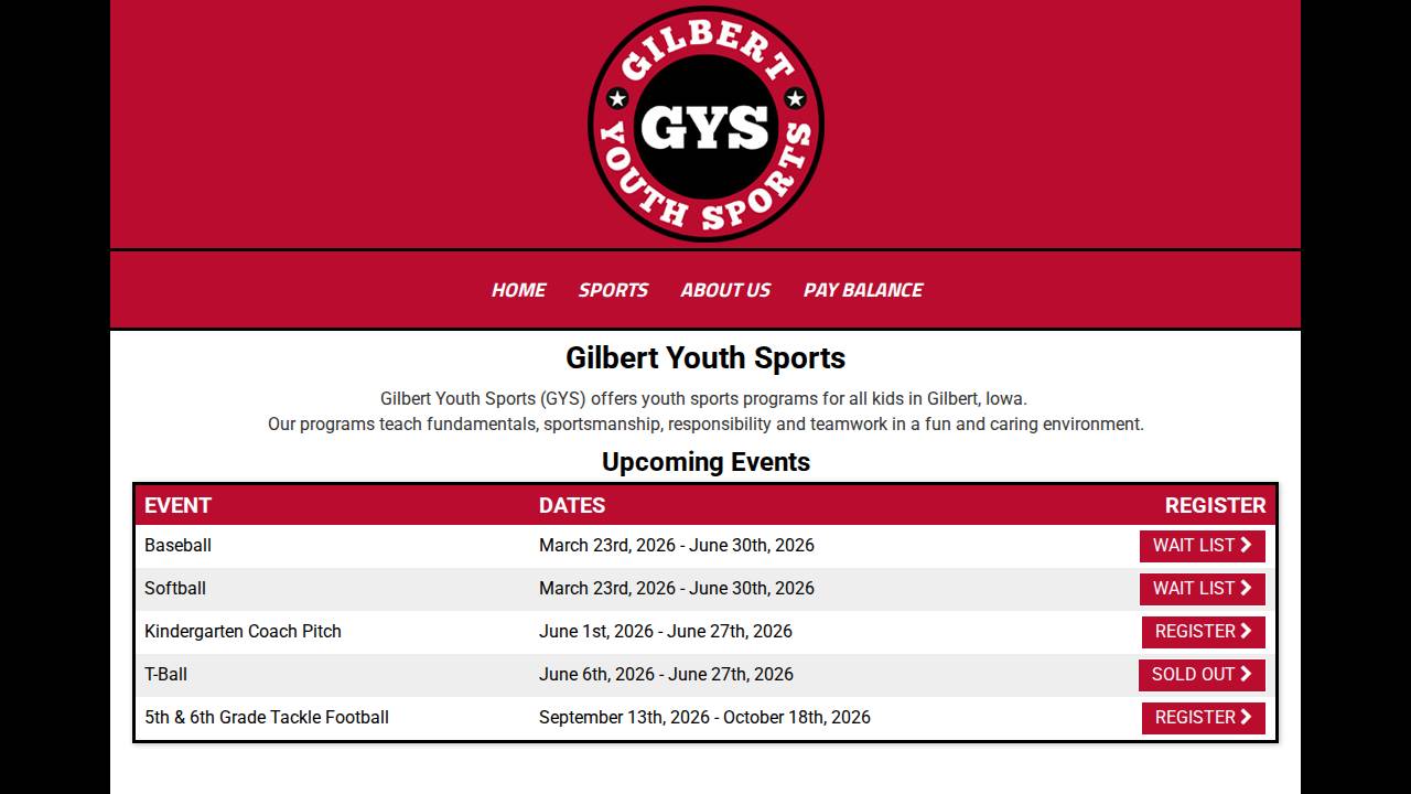 Gilbert Youth Sports Inc website screenshot