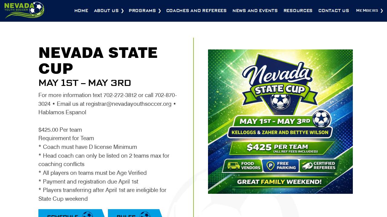 Nevada Youth Soccer Club website screenshot
