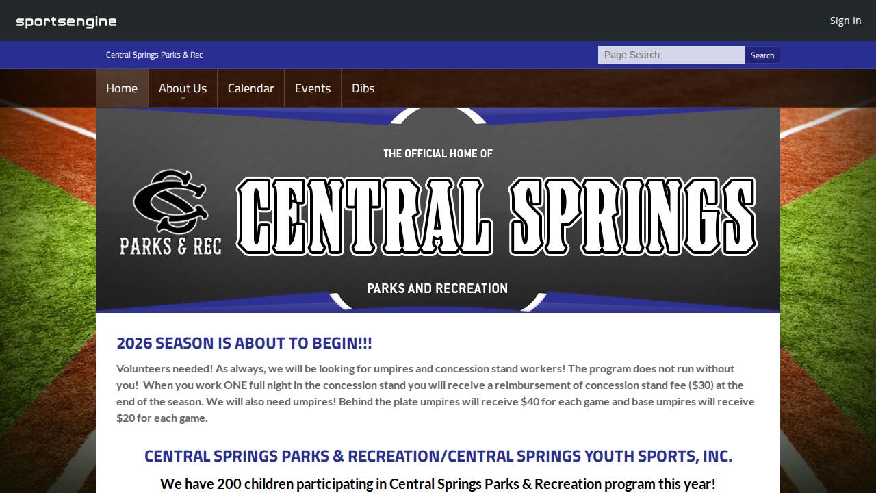 Central Springs Youth Sports Inc website screenshot