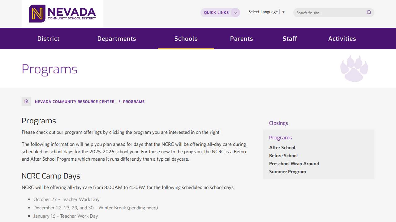 Nevada Community Resource Center website screenshot