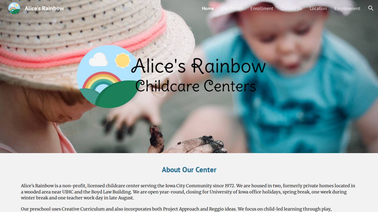 Alice's Rainbow Child Care Center website screenshot