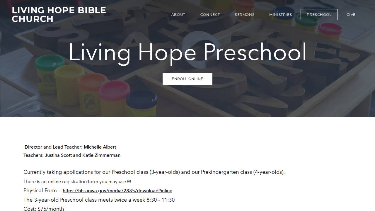 Living Hope Preschool website screenshot
