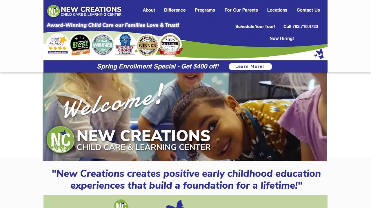 New Creations Child Care & Learning Ctr at EP True website screenshot