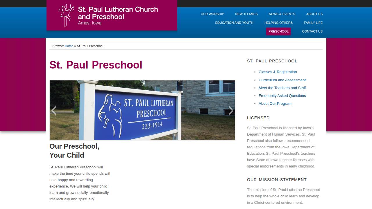 St Paul Lutheran Preschool website screenshot