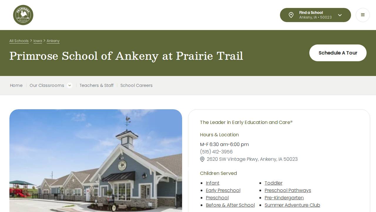 Primrose School of Ankeny at Prairie Trail website screenshot