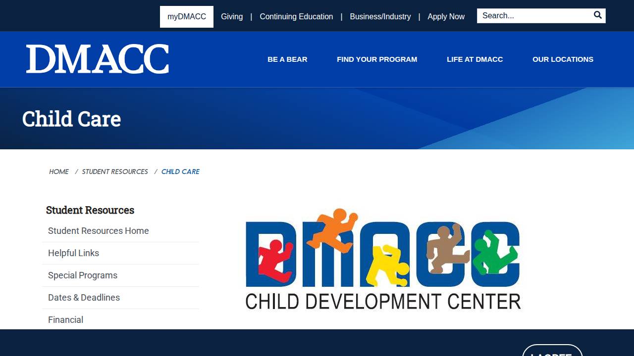 DMACC Child Development Center website screenshot