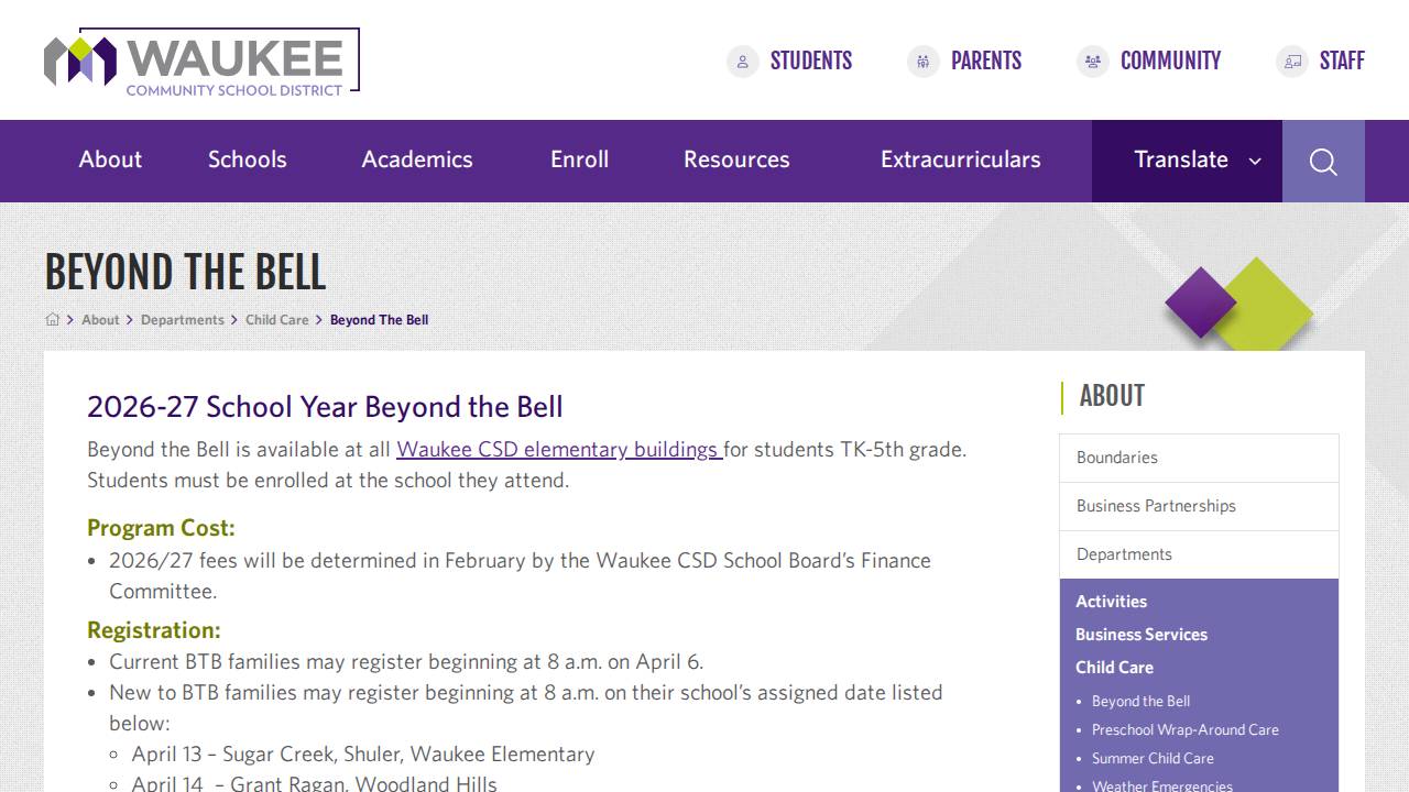 Beyond the Bell - Waterford Elementary website screenshot