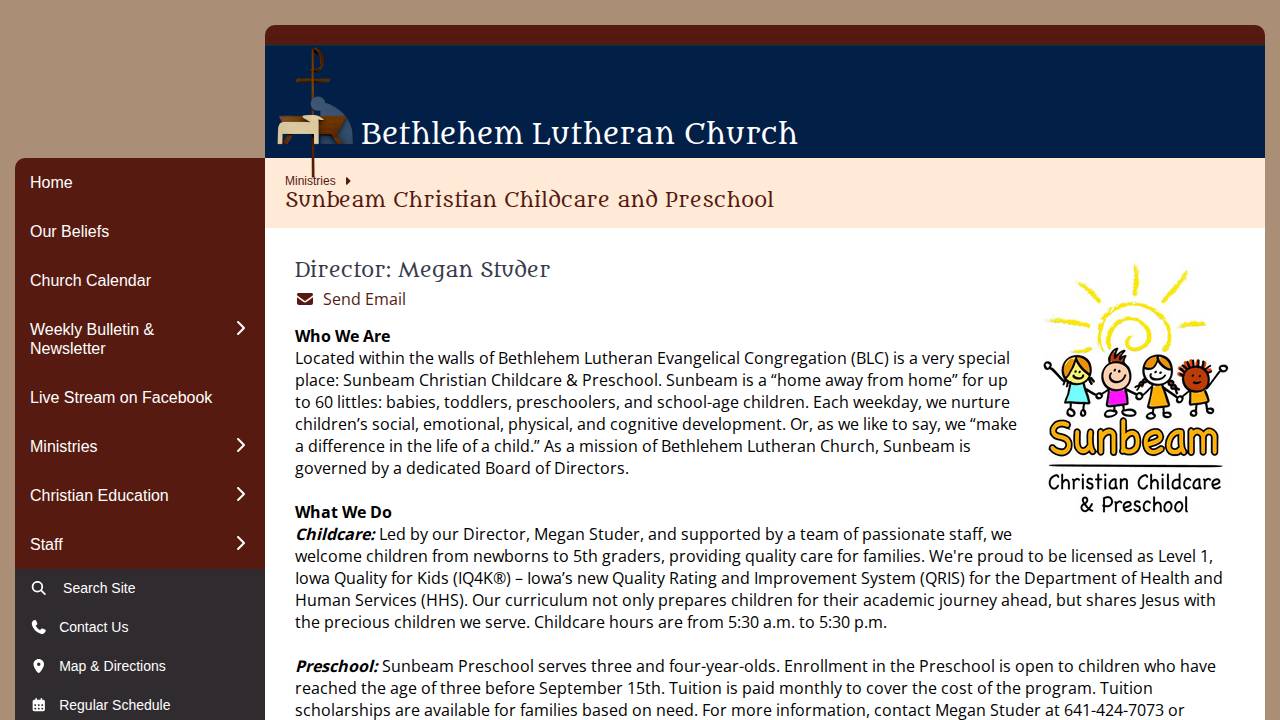 Sunbeam Christian Child Care and Preschool website screenshot