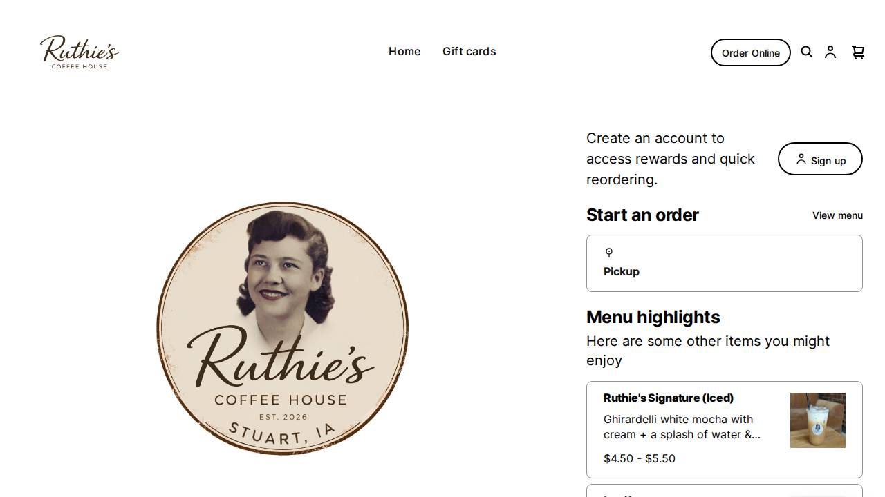 Ruthie's Coffee House website screenshot